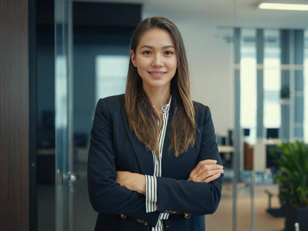 Confident Businesswoman in Navy Suit