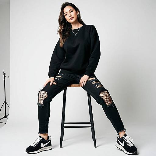 Edgy Urban Fashion Woman Sitting on Stool in Black Ripped Jeans and Sweatshirt