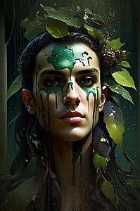 Mystical Woman with Green Paint and Leaves