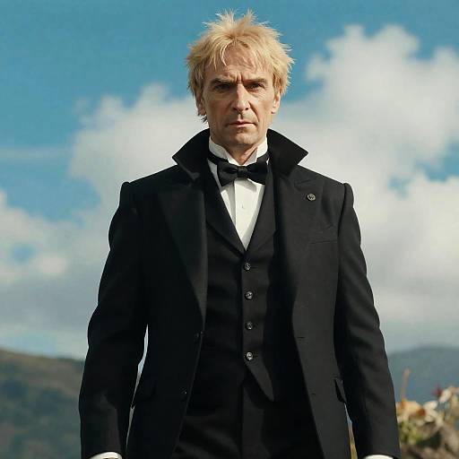 Man in Classic Black Tuxedo and Overcoat Standing Outdoors