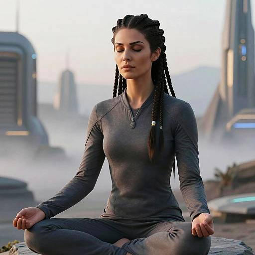 Meditative Woman with Braided Hair in Futuristic City
