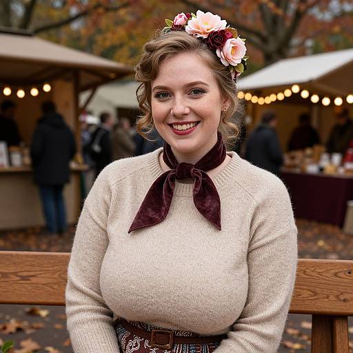 Smiling Woman with Floral Hair Accessory at Autumn Outdoor Market