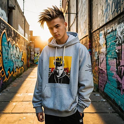 Young Man in Urban Alleyway Wearing Graphic Hoodie at Sunset