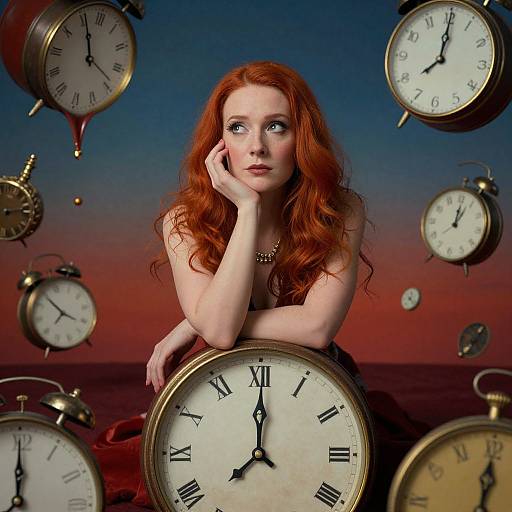 Red-Haired Woman Surrounded by Floating Vintage Clocks in Surreal Time Concept