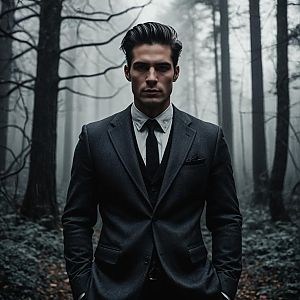 Confident Man in Charcoal Suit in Misty Forest