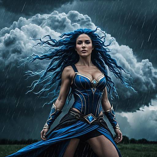 Powerful Woman Warrior in Blue Armor with Flowing Hair in Stormy Weather