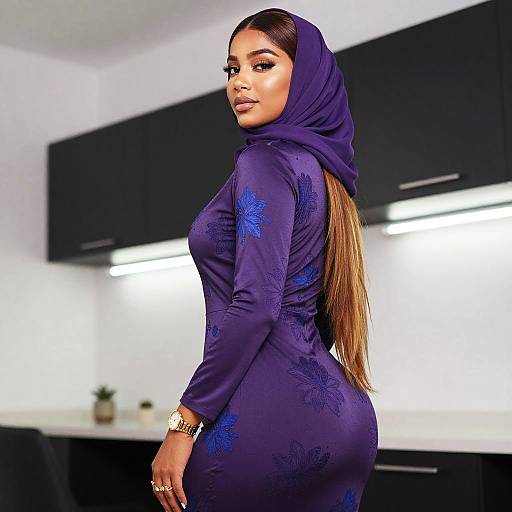 Elegant Woman Wearing Purple Floral Dress and Hijab in Kitchen