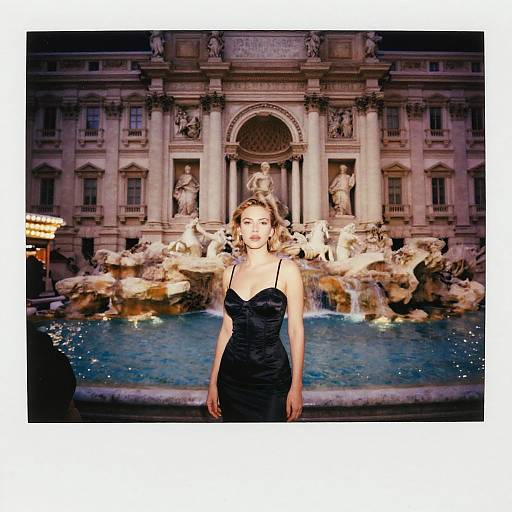 Elegant Woman in Black Dress at Trevi Fountain Rome