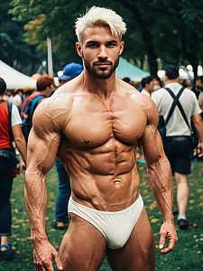 Muscular Man in Buff Male Costume at Cosplay Festival Outdoors