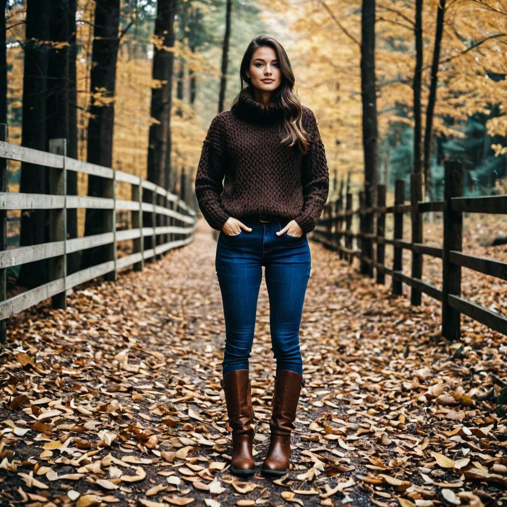Woman in Sweater on Autumn Path Woman in Sweater on Autumn Path