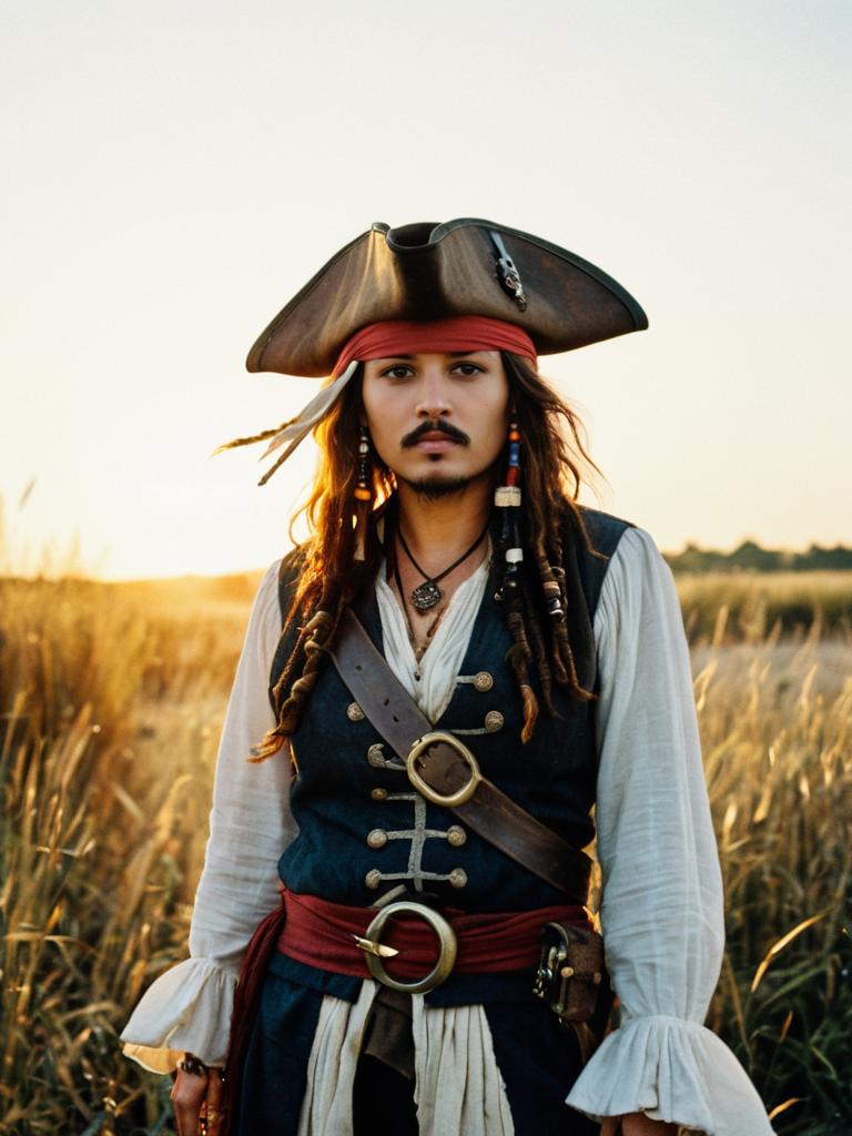 Photorealistic Outdoor Portrait of Woman in Jack Sparrow Pirate Costume