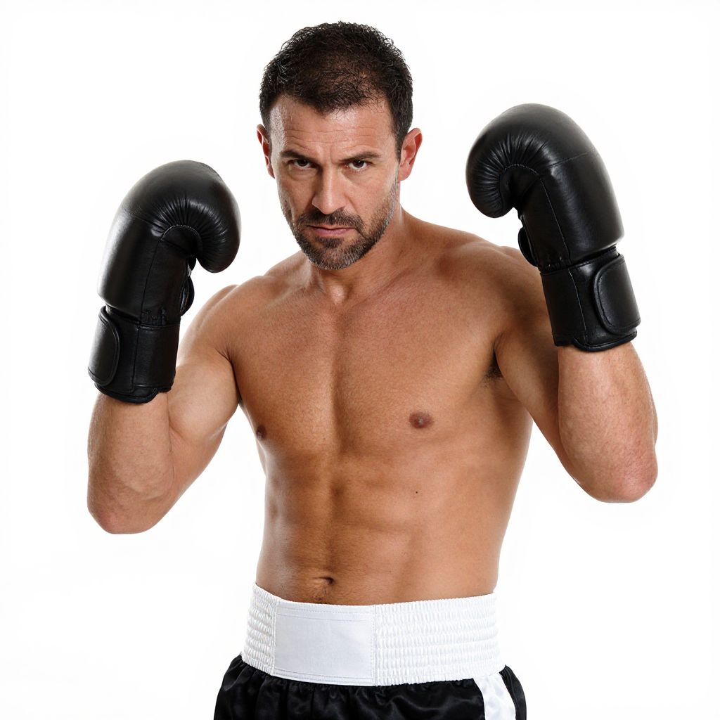 Focused Male Boxer in Stance with Black Gloves and White Waistband Shorts