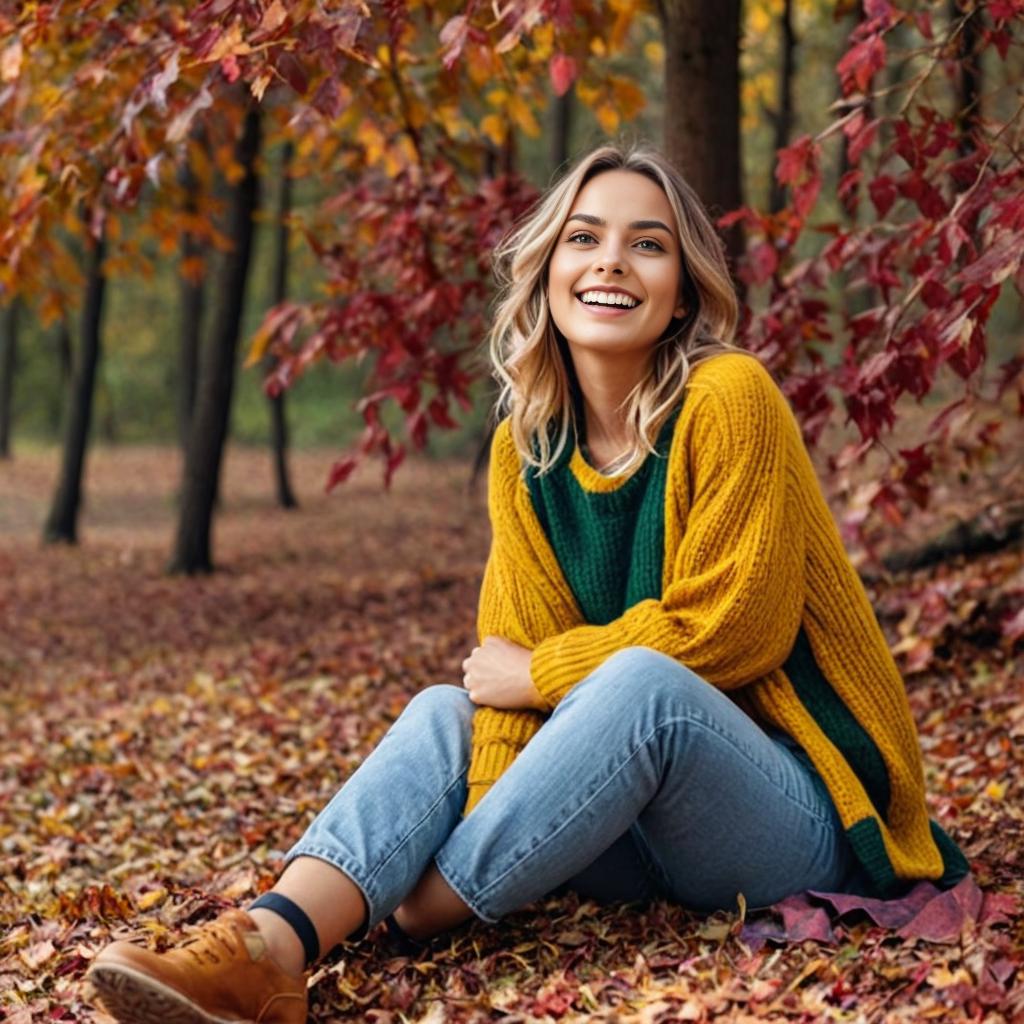 Cheerful Woman in Colorful Autumn Leaves