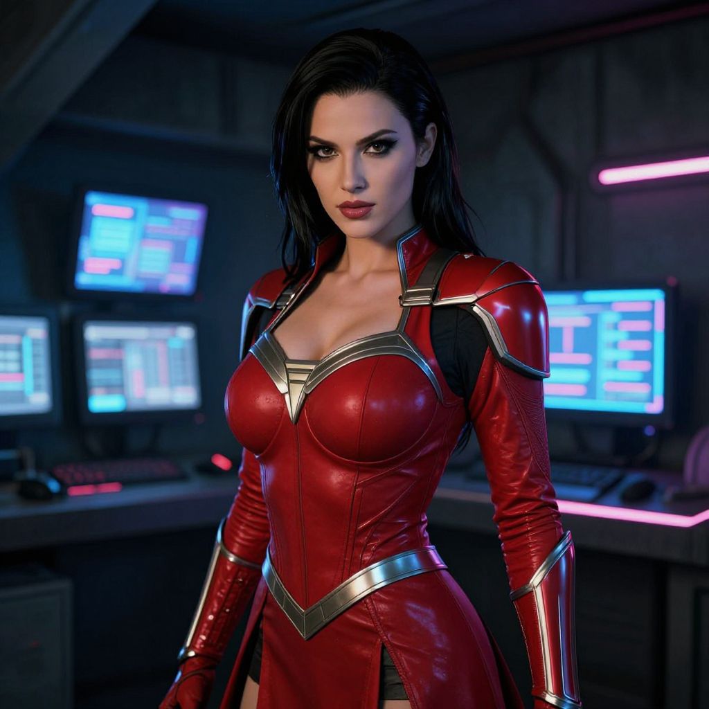 Futuristic Woman in Red Sci-Fi Armor in High-Tech Control Room