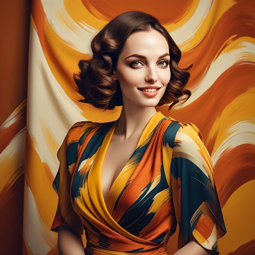 Confident Woman in Colorful Dress Against Abstract Background