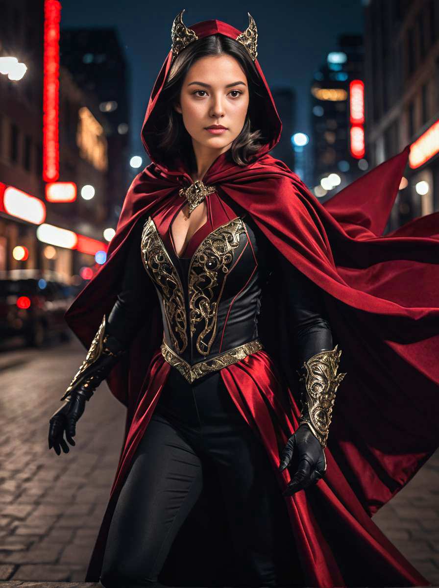 Empowered Woman in Dark Red Superhero Costume