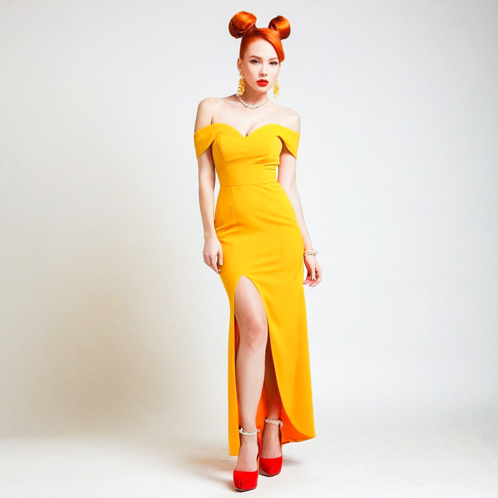 Confident Woman in Yellow Gown with Red Hair Confident Woman in Yellow Gown with Red Hair