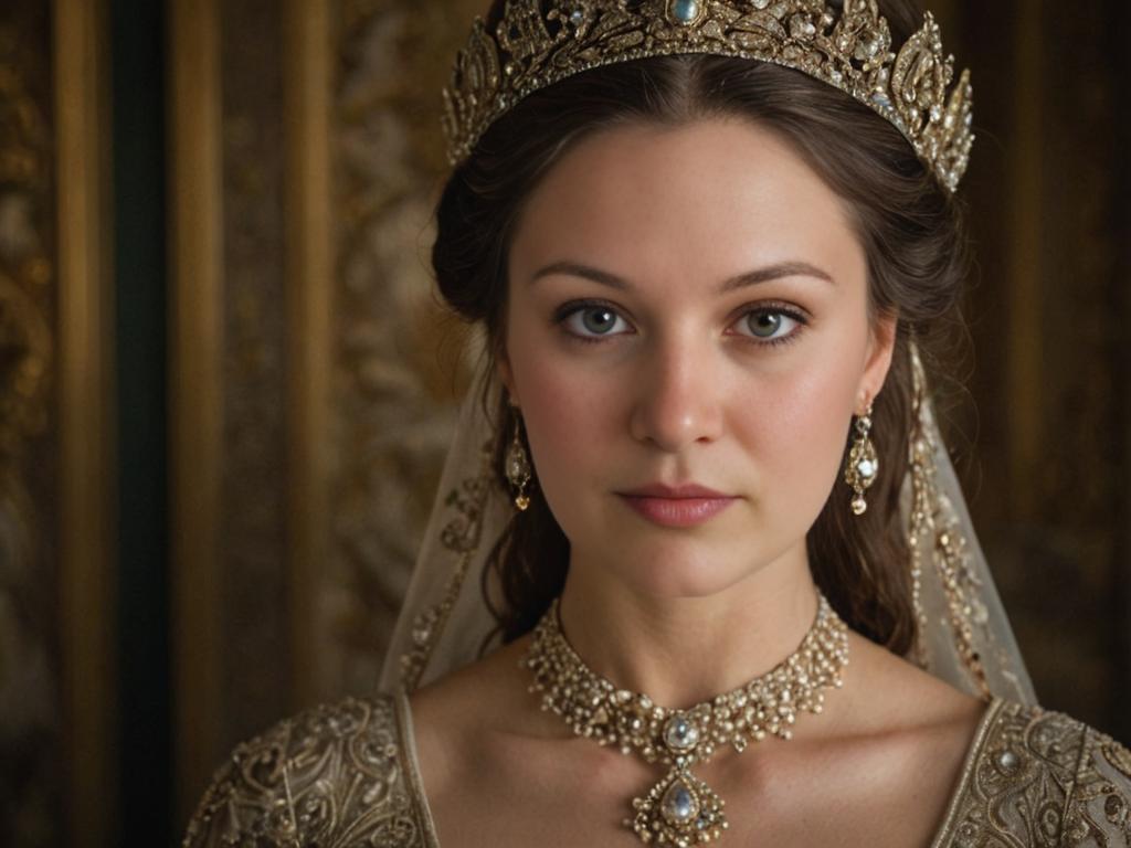 Elegant Woman in Golden Crown and Jewelry