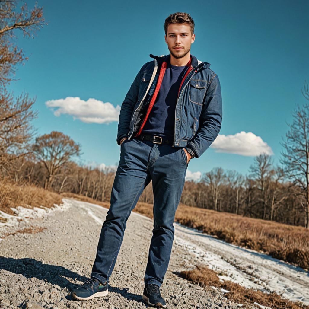 Man in Denim Jacket and Red Hoodie on Country Road