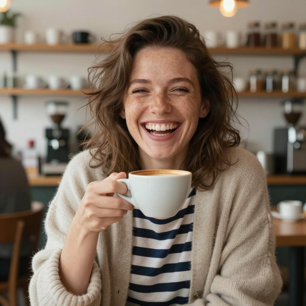 Happy Young Woman Drinking Coffee in Cozy Cafe