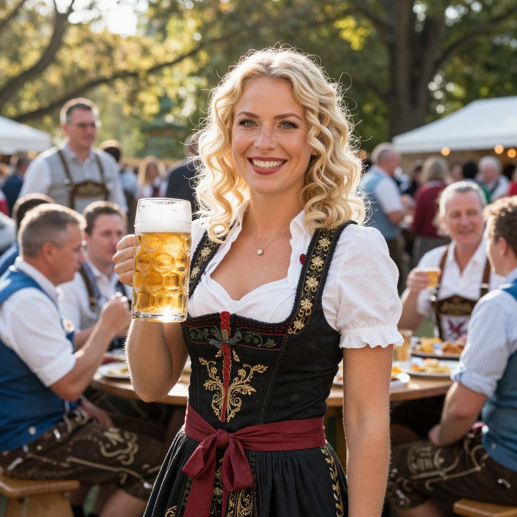 Woman in Traditional Bavarian Dirndl Holding Beer at Outdoor Festival