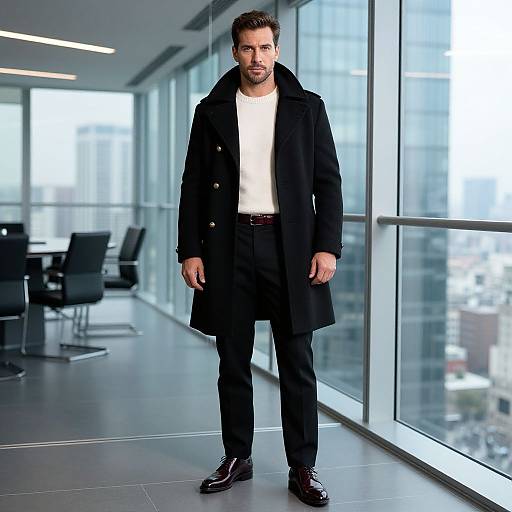 Confident Man Wearing Black Overcoat in Modern Office with City View