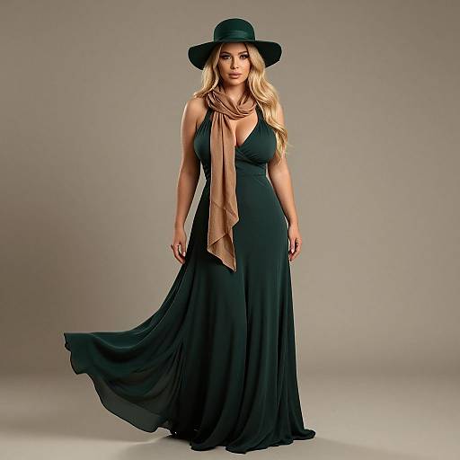 Elegant Woman in Deep Green Evening Gown and Wide-Brimmed Hat