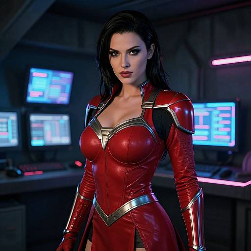 Futuristic Woman in Red Sci-Fi Armor in High-Tech Control Room