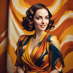 Confident Woman in Colorful Dress Against Abstract Background