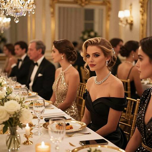 Elegant Dinner Party with Glamorous Guests in Luxurious Setting