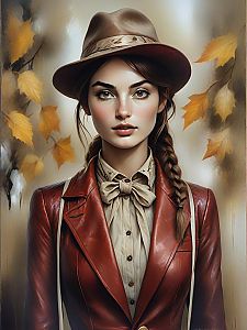 Young Woman in Brown Leather Jacket with Autumn Leaves