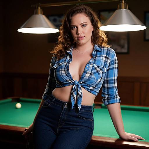 Confident Woman Posing by Pool Table in Blue Plaid Shirt
