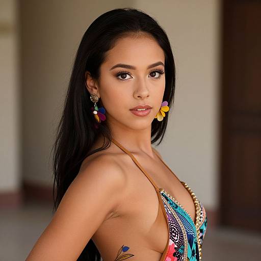 Portrait of Woman in Colorful Patterned Halter Dress with Flower Earrings