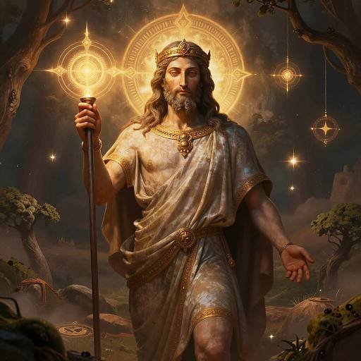 Regal King in Mystic Forest Holding Glowing Staff Digital Art