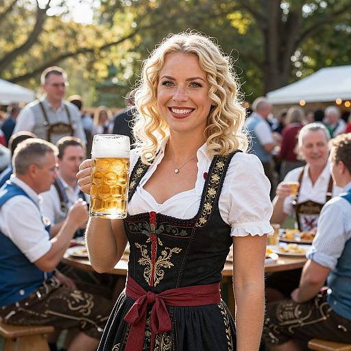 Woman in Traditional Bavarian Dirndl Holding Beer at Outdoor Festival
