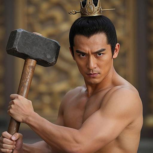 Strong Man Wearing Crown Holding Large Hammer in Historical Setting