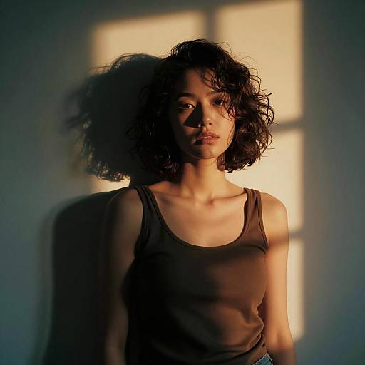 Moody Portrait of Young Woman in Warm Sunlight with Window Shadow