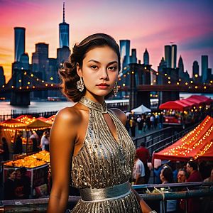 Glamorous Woman in Gold Dress Against City Skyline at Sunset