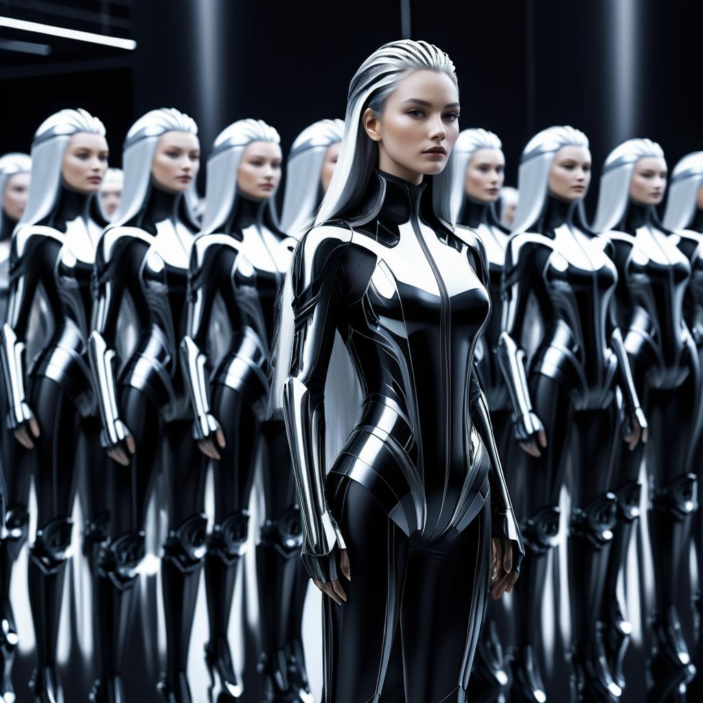 Futuristic Woman in Bodysuit with Robots