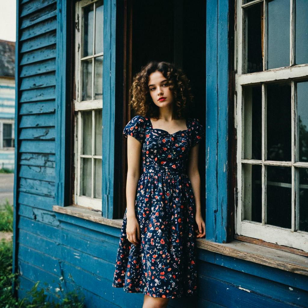 Young woman in floral dress at rustic blue doorway Young woman in floral dress at rustic blue doorway