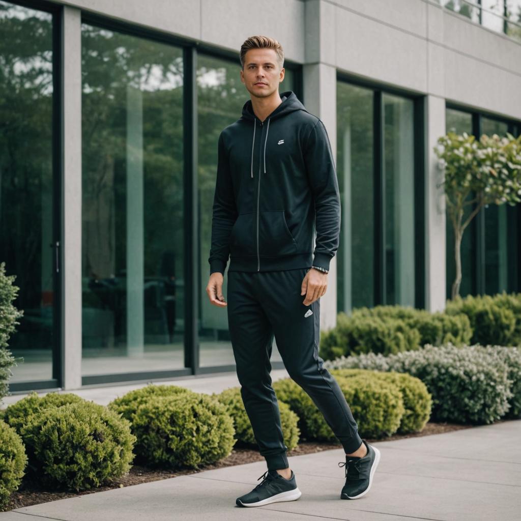 Confident man in stylish black tracksuit