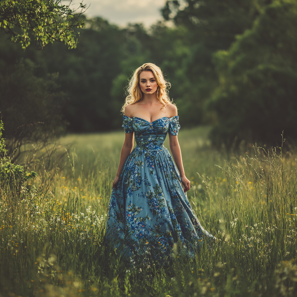 Blonde Woman in Blue Floral Dress in Meadow Blonde Woman in Blue Floral Dress in Meadow
