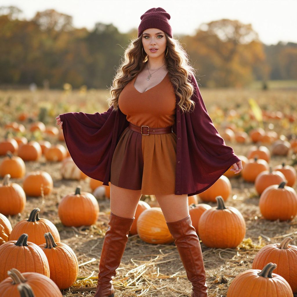 Autumn Fashion Woman in Pumpkin Patch Rust Dress and Maroon Cardigan