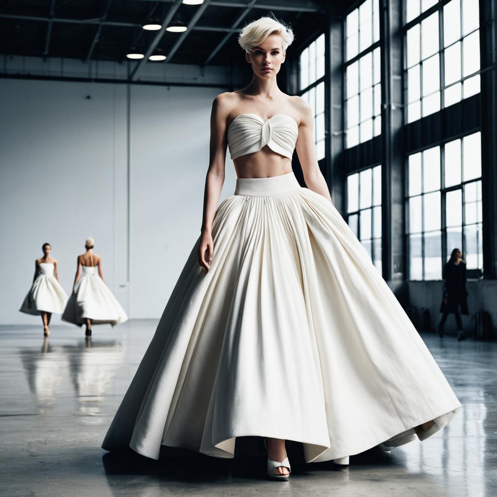 Modern Strapless White Gown with Pleated Full Skirt in Industrial Loft