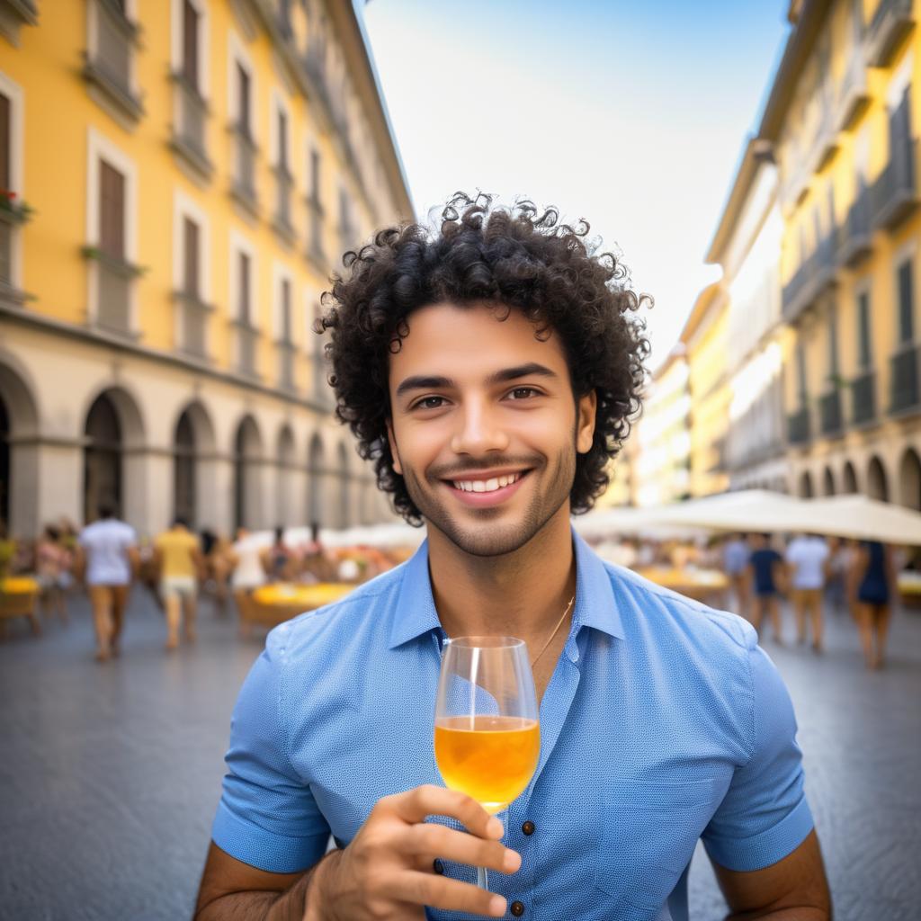 Cheerful man with orange drink in vibrant street