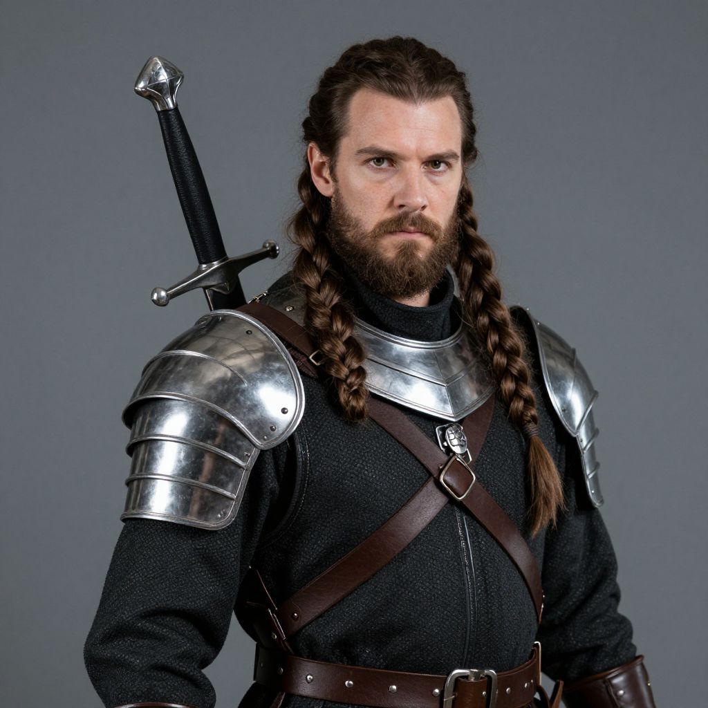 Medieval Knight in Armor with Braided Hair and Sword