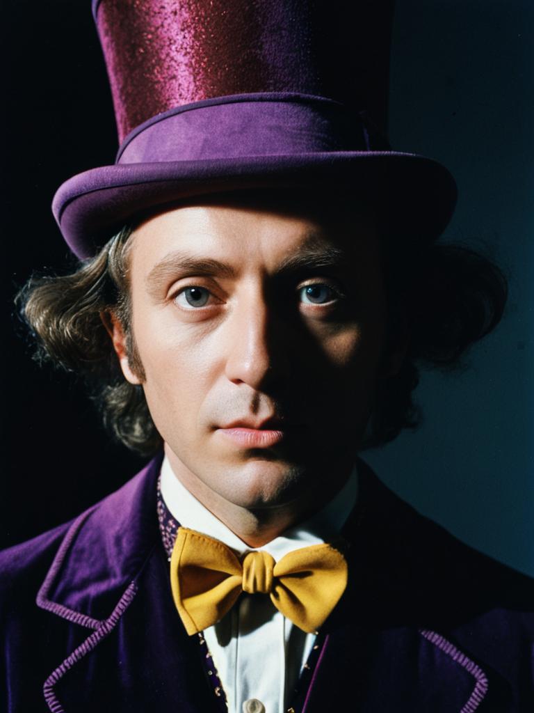 Dramatic Editorial Close-Up of Man in Willy Wonka Costume with Purple Top Hat