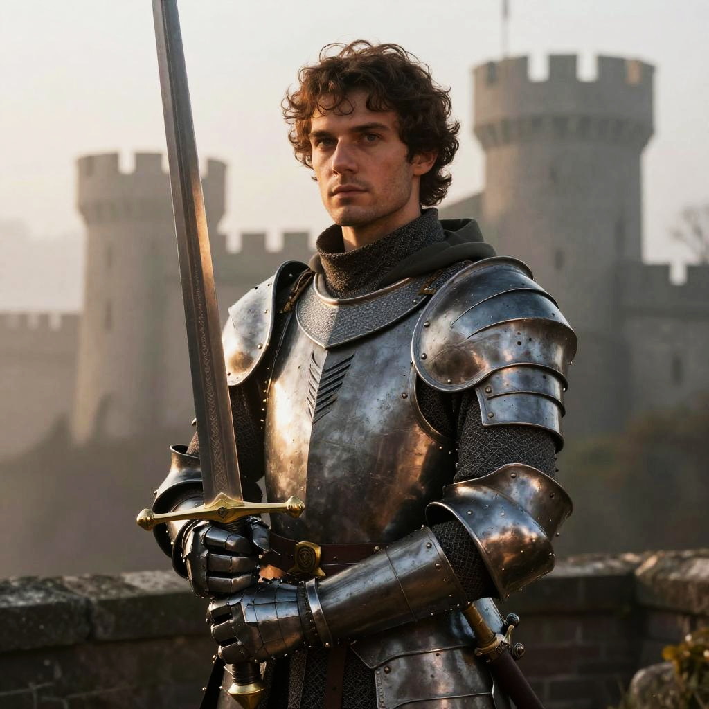 Young Man in Medieval Armor Holding Sword in Front of Castle
