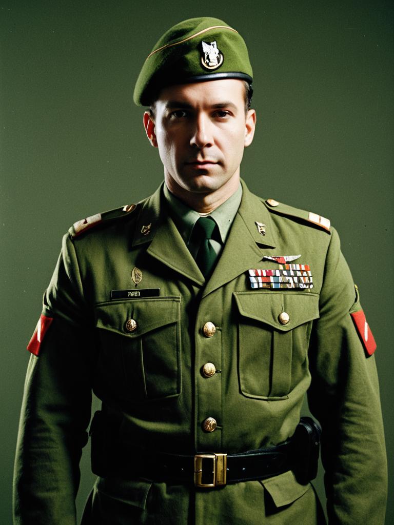 Man in Army-Inspired Olive Green Uniform Editorial Portrait