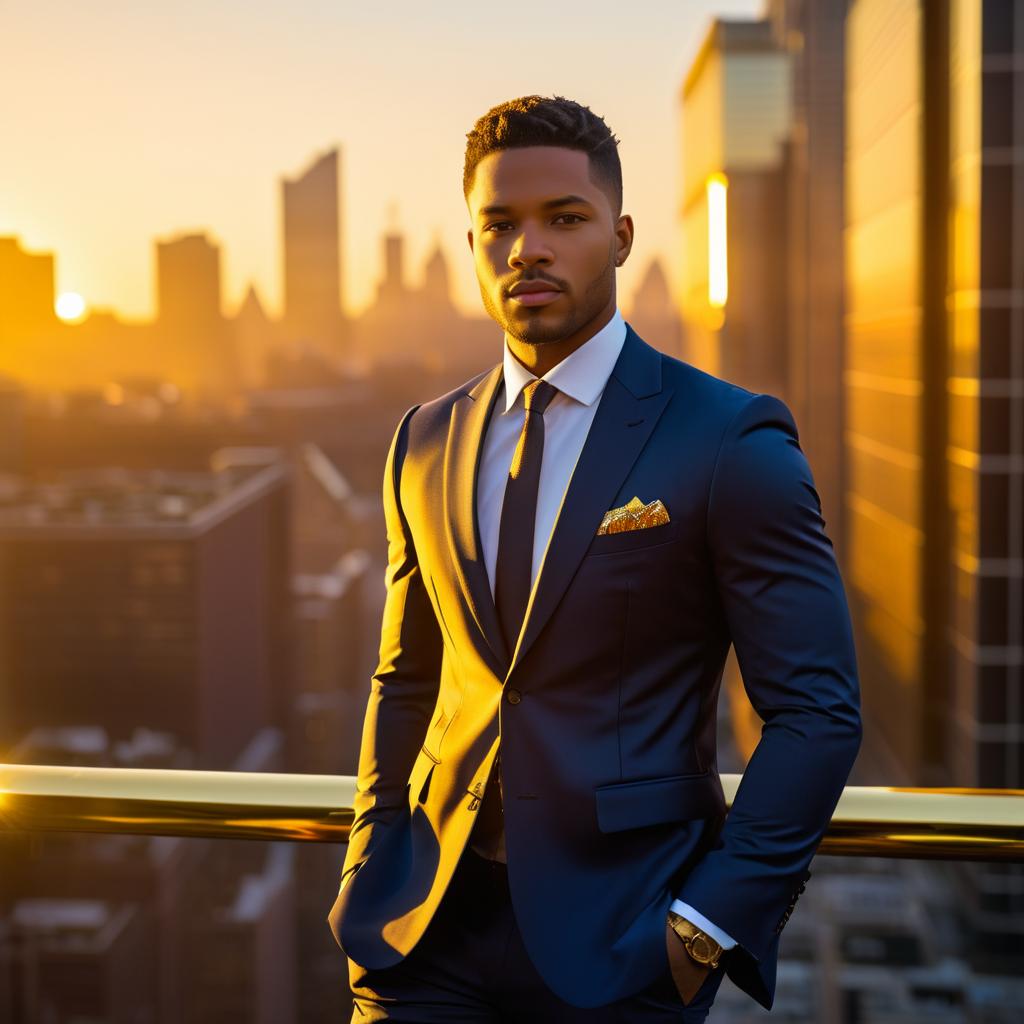 Confident man in tailored suit on balcony at sunset